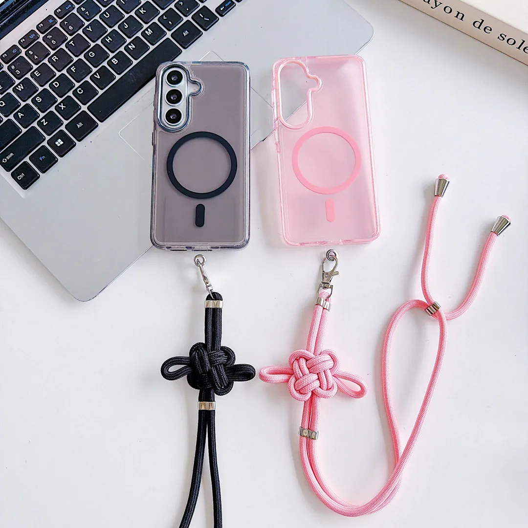 Neck Strap Rope Anti-Collision Frosted Case For Samsung Galaxy S24 S25 Plus S26 Ultra A26 A36 A06 Magnetic Wireless Charge Cover
