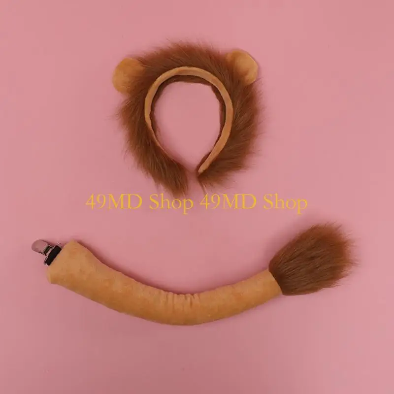 49MD Girls Animal Ears Headwear Tail Set Plush Hair Hoop Handmade Cosplay Accessories