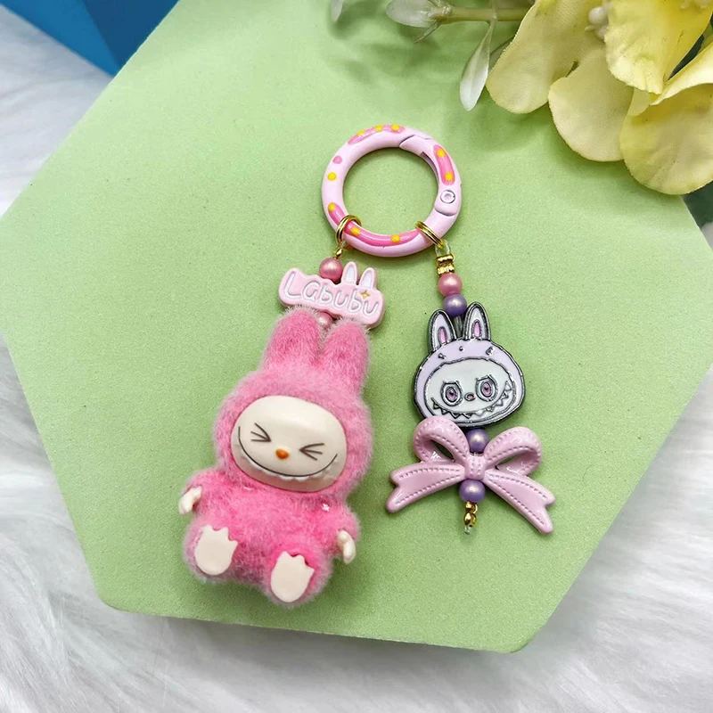 New Flocking Mini Vinyl Cute Granules Labubu Pendant Keychain Bag Pendant Kawaii Mobile Phone Chain Hanging Decorations Gifts