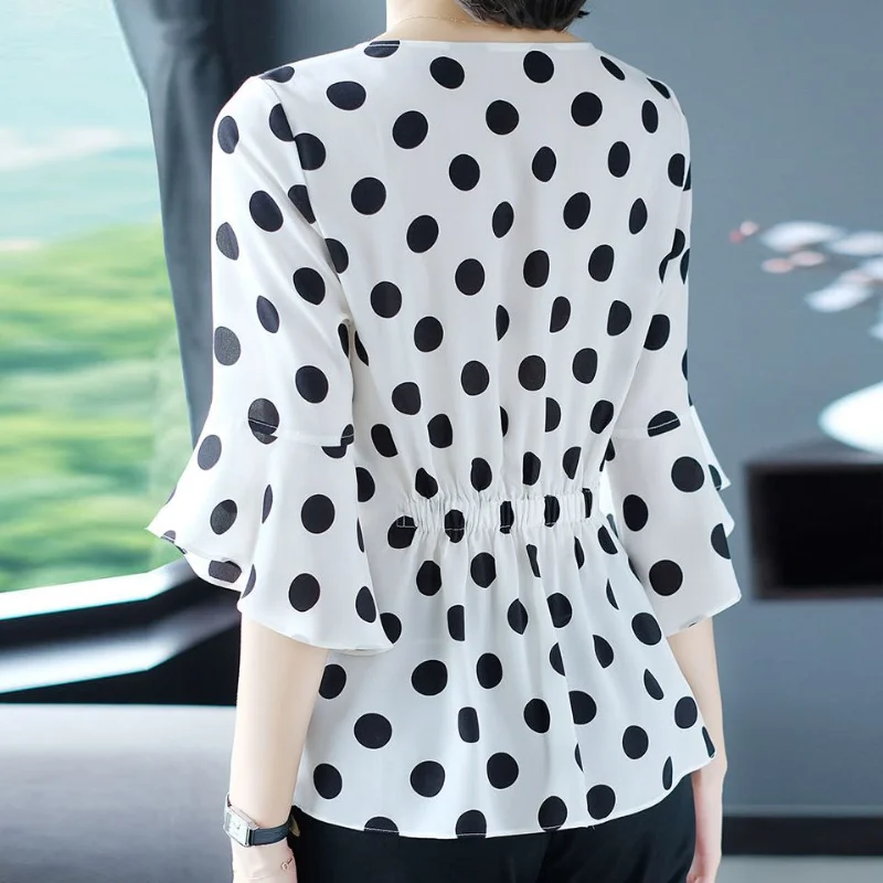 Chiffon Polka Dot Printing Shirt Tops Summer New O-Neck Loose Half Sleeve Ruffle Plus Size Blouse Vintage Casual Women Clothing