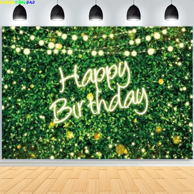 

Green Leaves Happy Birthday Party Backdrop Baby Shower Background For Photography Cake Table Photo Studio Booth Props HQ-02