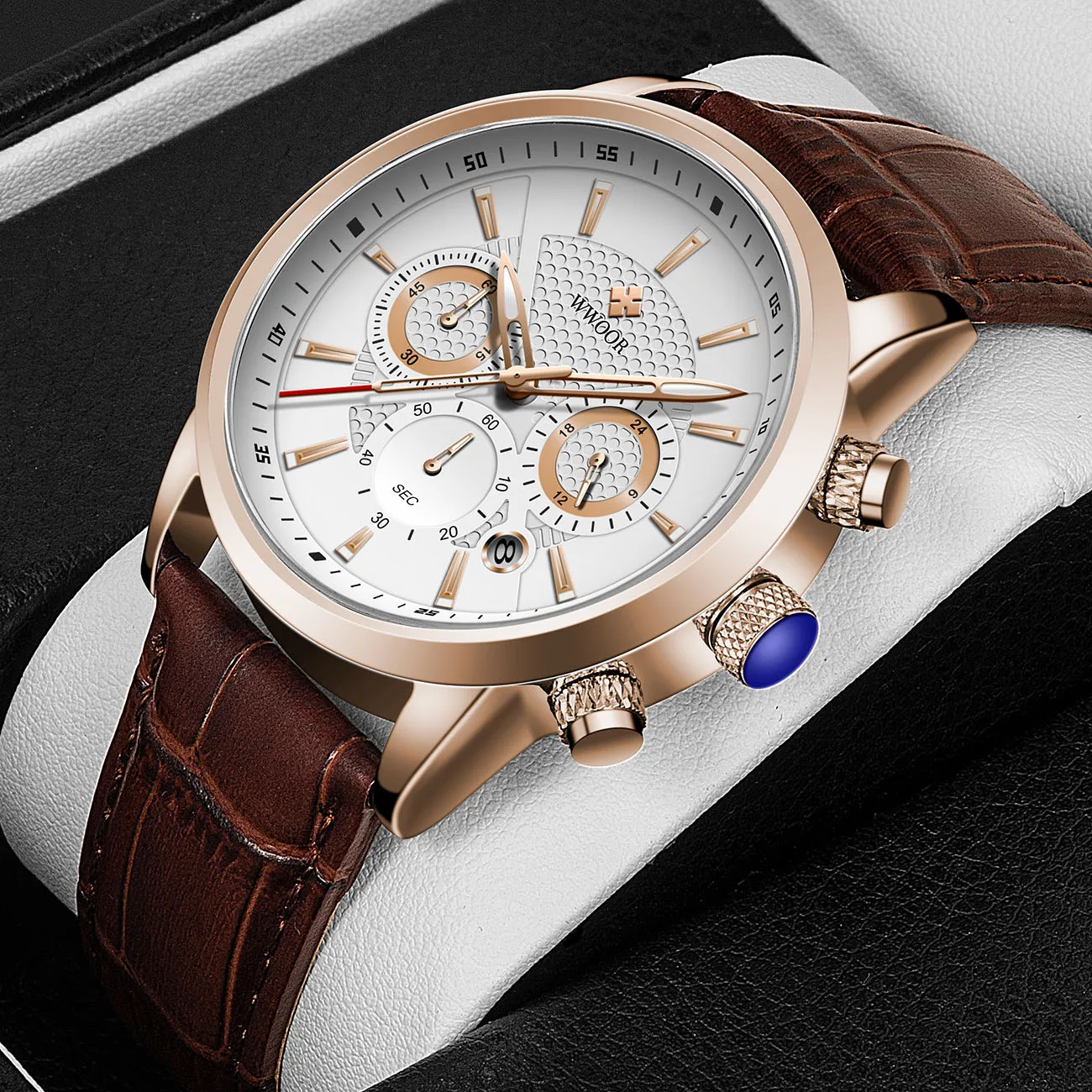 WWOOR Fashion Watch For Men Classic Business Men's Brown Leather Quartz Waterproof Wrist Watch Male Date Clock Relogio Masculino