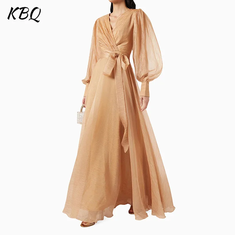 

KBQ Solid Patchwork Lace Up Dress For Women V Neck Lantern Sleeve High Waist Loose Minimalist Dresses Female Fashion Clothing