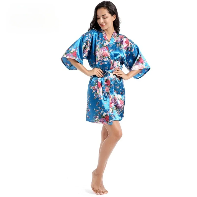 Women's summer short nightgown, thin large size loose satin silk daffodil cardigan robe, wedding morning gown