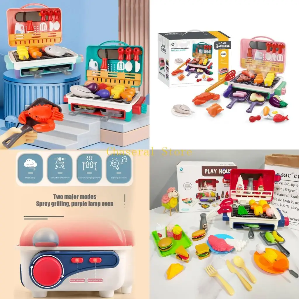 E7CE Kinderen Veilig Fantasiespel BBQ Grill Keukenspeelgoed met Simulatie Grill Mist en Rollenspel Geluid Licht Functies