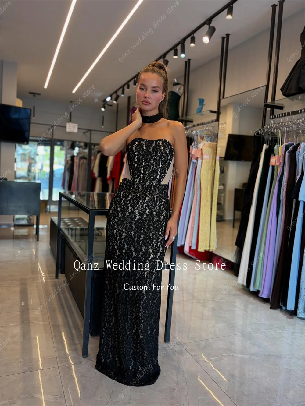 فساتين سهرة أنيقة من الدانتيل الأسود من Qanz حورية البحر بدون حمالات فستان حفلات الزفاف ببطانة عارية رداء De Soirée مخصص