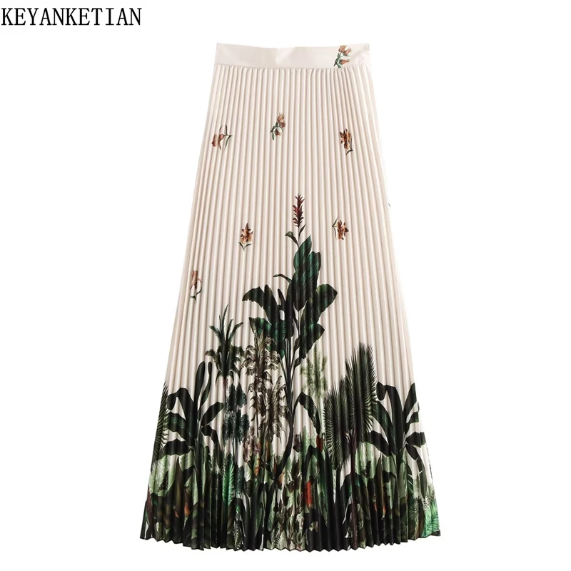 

KEYANKETIAN 2025 New Pastoral style Flower Print Long Pleated Skirt Women's Side Zipper High waist Slim A Line MIDI Skirt Thin
