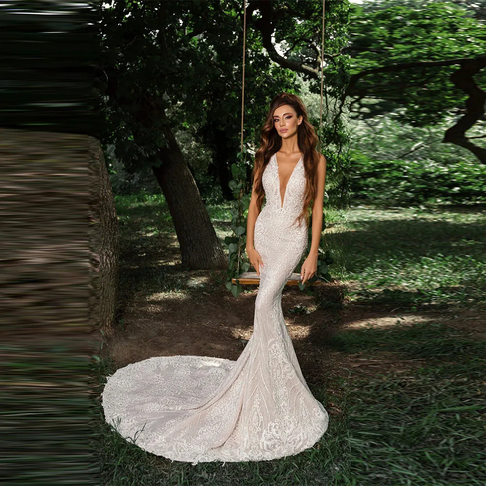 

Customized Sexy Deep V-neck Spaghetti Straps Bridal Gown Sparkly Applique Beaded Wedding Dress Mermaid Vestido de novia 2025
