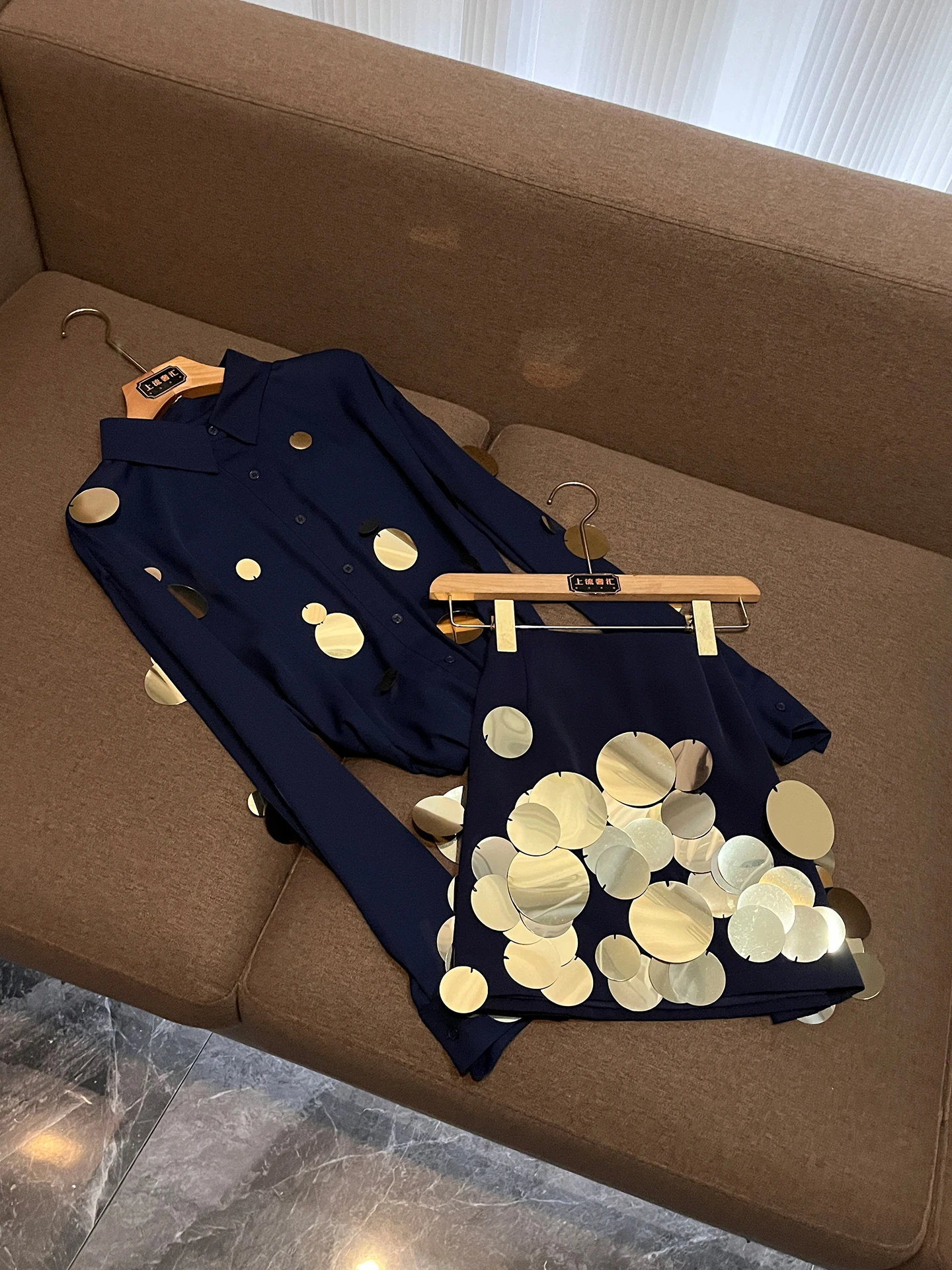Fall 2026 New Polka Dot Long Sleeve Women's Shirt Sequin  Skirt Set High Waist Button up Fashionable Two-Piece Ensemble