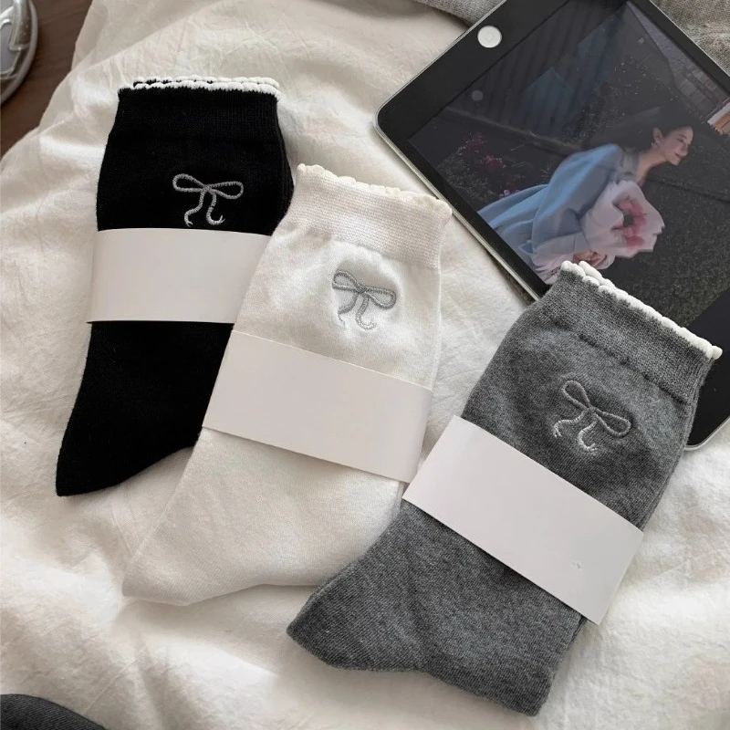 1/3 женские весенне-осенние носки средней длины с кружевным бантом, противоскользящие, впитывающие пот, простые удобные повседневные носки с защитой от запаха