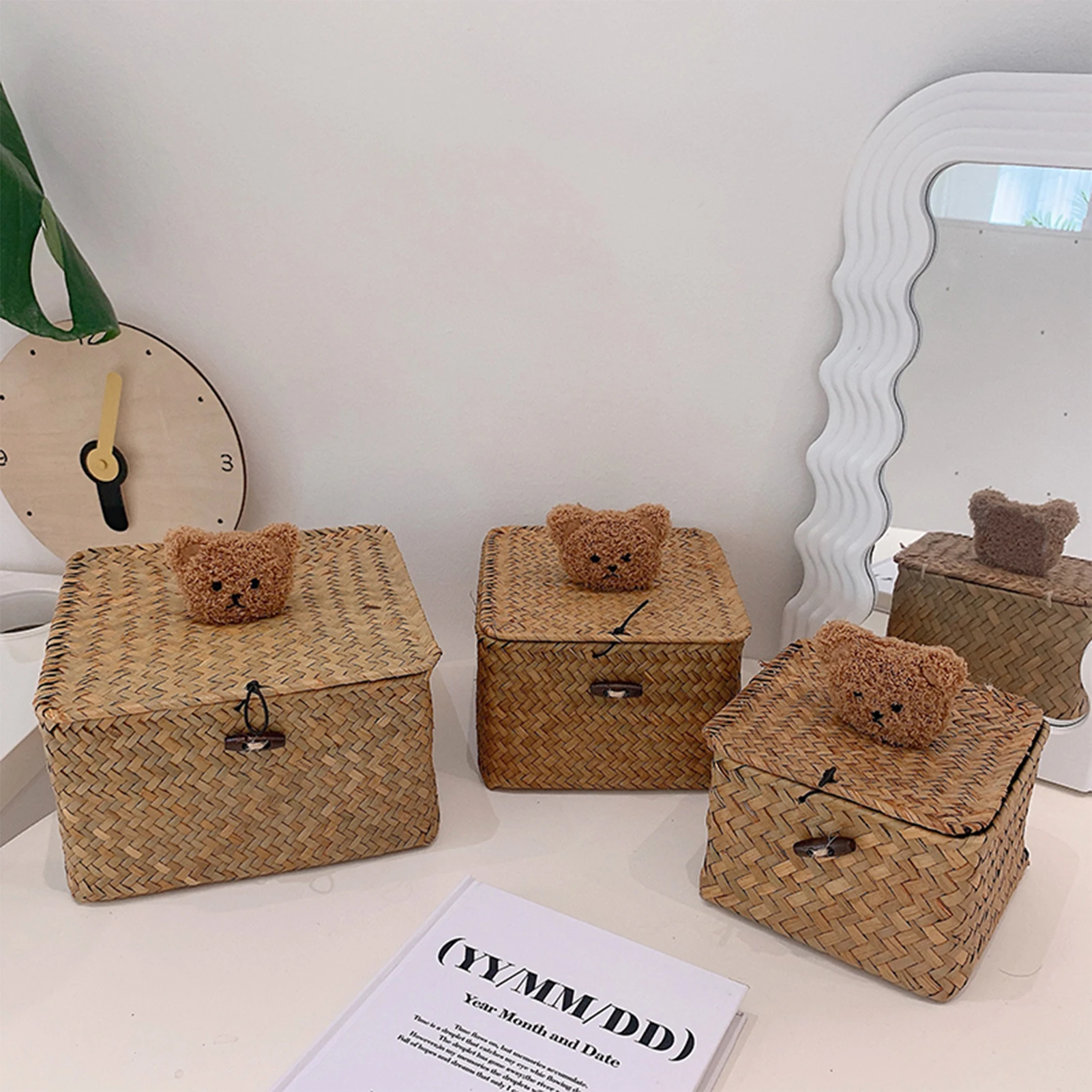 Vintage Bear Desktop Storage Box Handmade Straw Woven Basket Large Capacity Toy Snack Storage Case For Home Bedroom Organizing