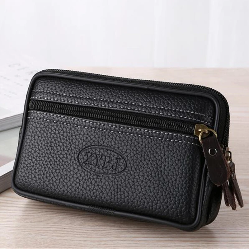 

Multi Functional Double Layer Soft Leather Men's Waist Pack Belt Bag Brand PU Leather Men Mobile Phone Pouch Zipper Purse Wallet