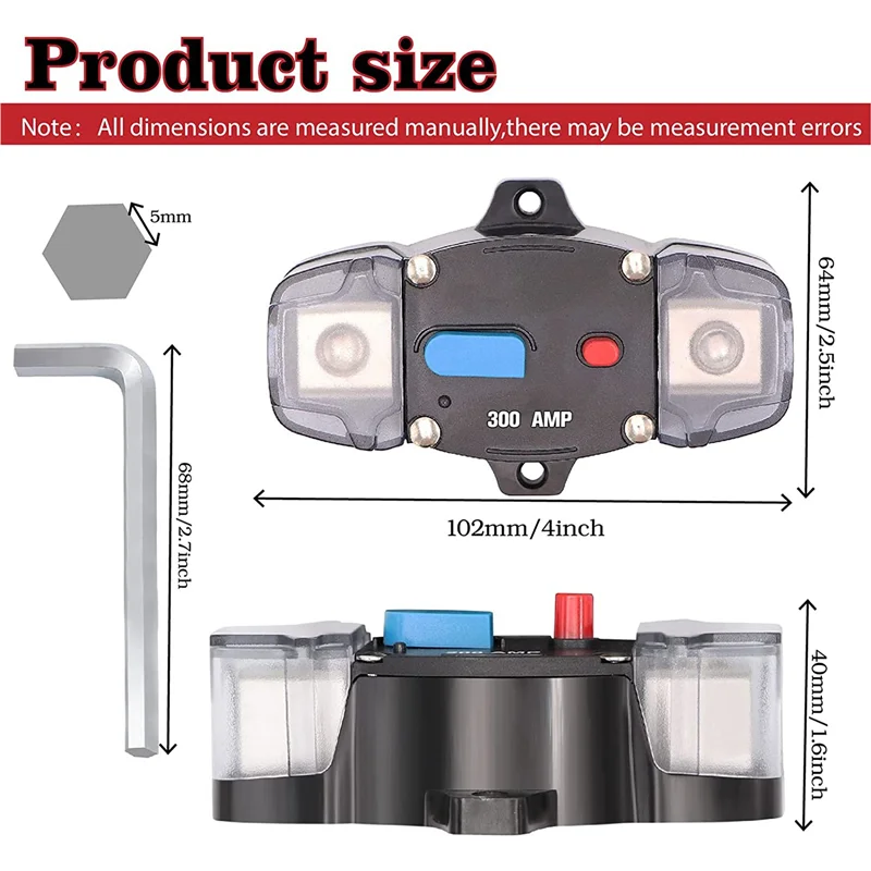 12-48V DC 300 Amp Circuit Breaker with Manual Reset, 0-8 Gauge Trolling Car Stereo Audio Inline Fuse for Car Rv Marine