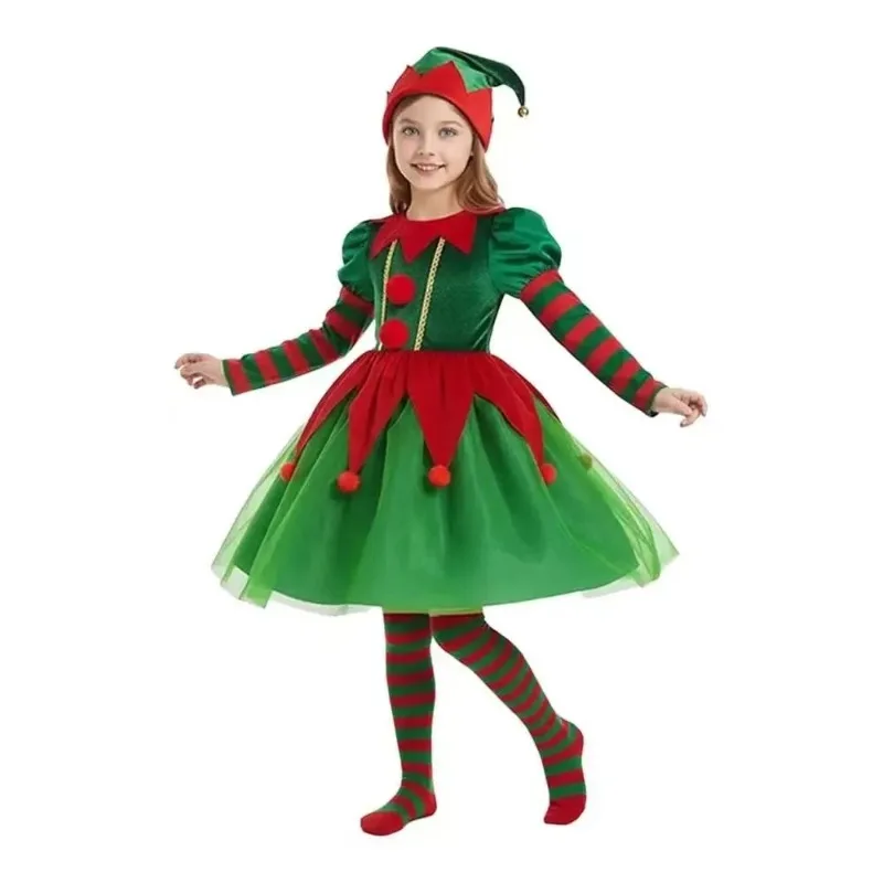 Weihnachtself Cosplay Kostüm für Jungen Mädchen Rot Grün Santa Helfer Outfits Festliche Party Performance Kleid Weihnachten Cos Uniformen