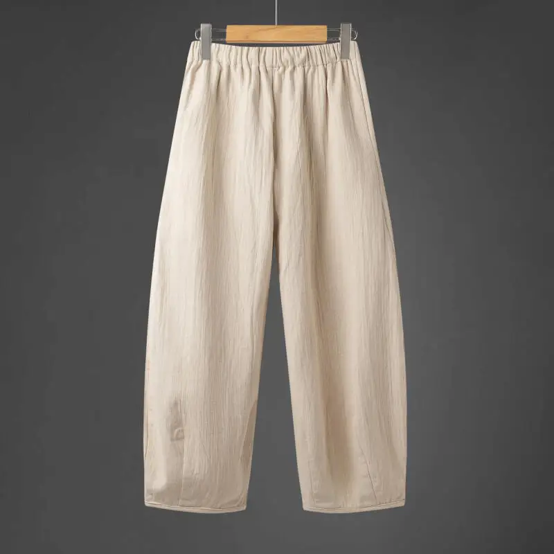 2025 Men Casual Cotton Linen Pants Men Solid Color Wide-Leg Pants Men Chinese Style Bloomers Autumn Male Bending Knife Trousers