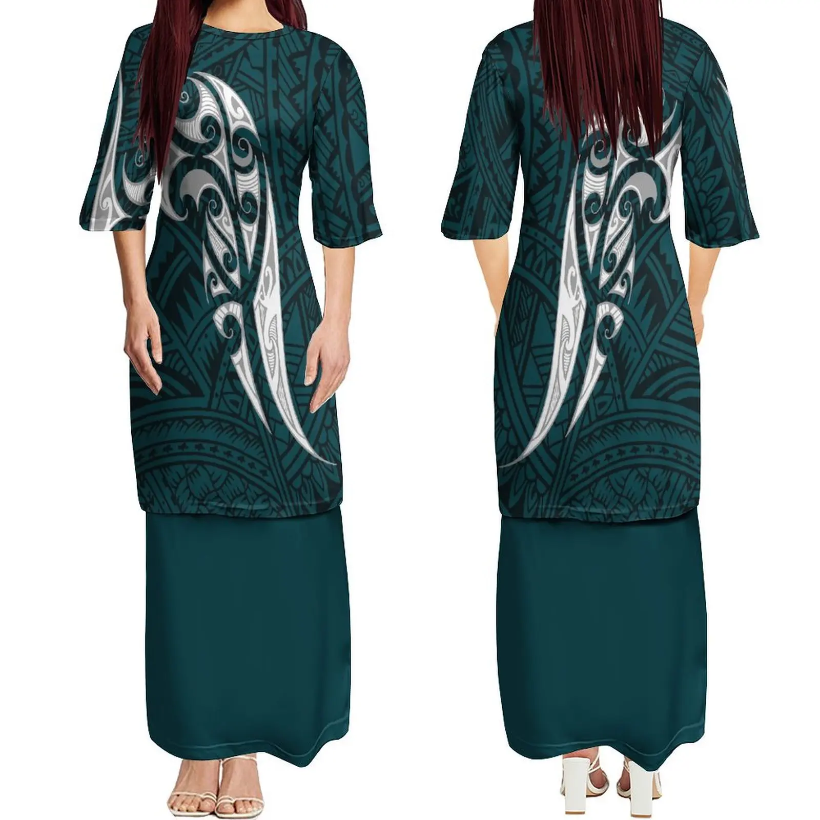 Popular Polynesian Design 3/4 Sleeve V-Neck Dress Puletasi Samoan Custom Top And Skirt Two-Piece Set