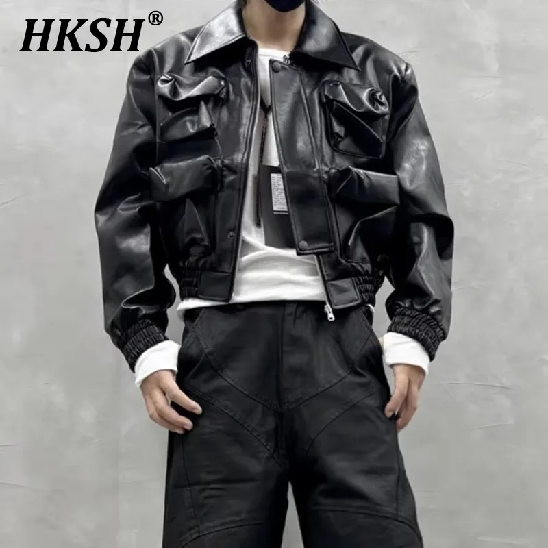 HKSH Men's Tide American High Street Fashion Show Heavy Weight Short Leather Jackets Dark Punk Multi Pockets Casual Trend HK2868