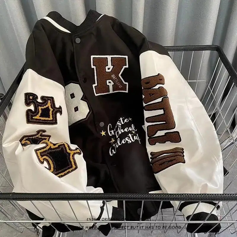 

Oversized Jacket For Women's Retro Streetwear Loose Long Sleeve Round Neck Printed Patch Coat For Women's Autumn New Style Coat