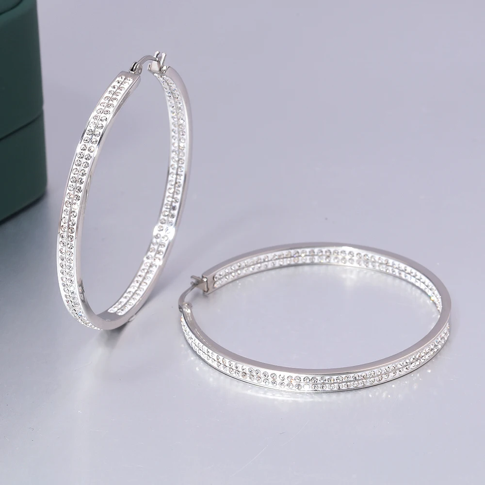 CiNily Stainless Steel Double Layer Cubic Zirconia Hoop Earrings Silver/Rose Gold Plated Large Earrings For Women Girls Party