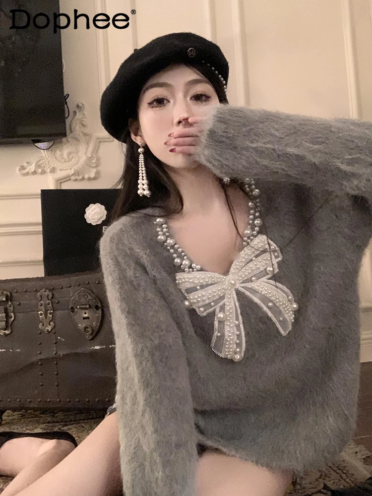 

Korean Bow Bead Long Sleeve V-neck Knitted Sweater Women Autumn and Winter New Solid Color Soft Glutinous Pullover Top Female