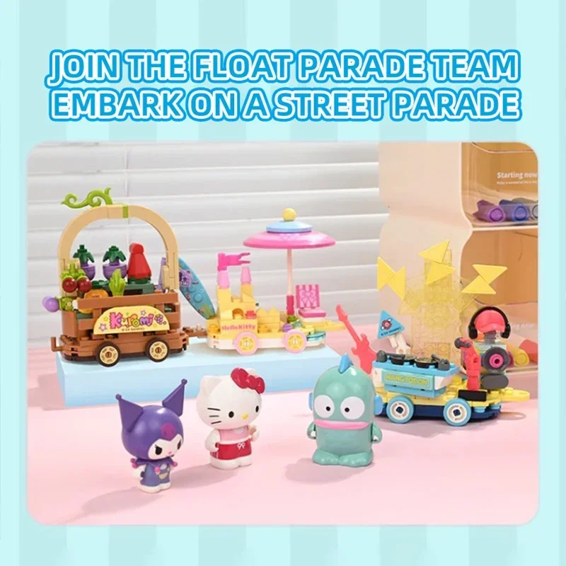 Sanrio série blocos de construção hangyodon kuromi olá kitty melodia flor modelo carro tijolos decoração desktop crianças brinquedos diy presentes