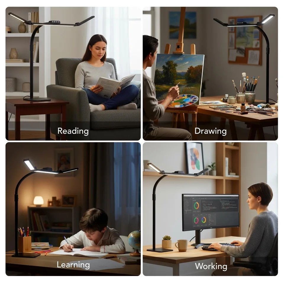 3 Head LED Desk Lamp CRI90 Eye Caring 2700K-6500K Adjustable Color Temperature Brightness Rotatable Side Arms LED Lamp With Touch Switch Memory Function Black Metal Base Anti-Glare Light for Dual Monitor Home Office Study Workbench Makeup Live Streaming, image 6