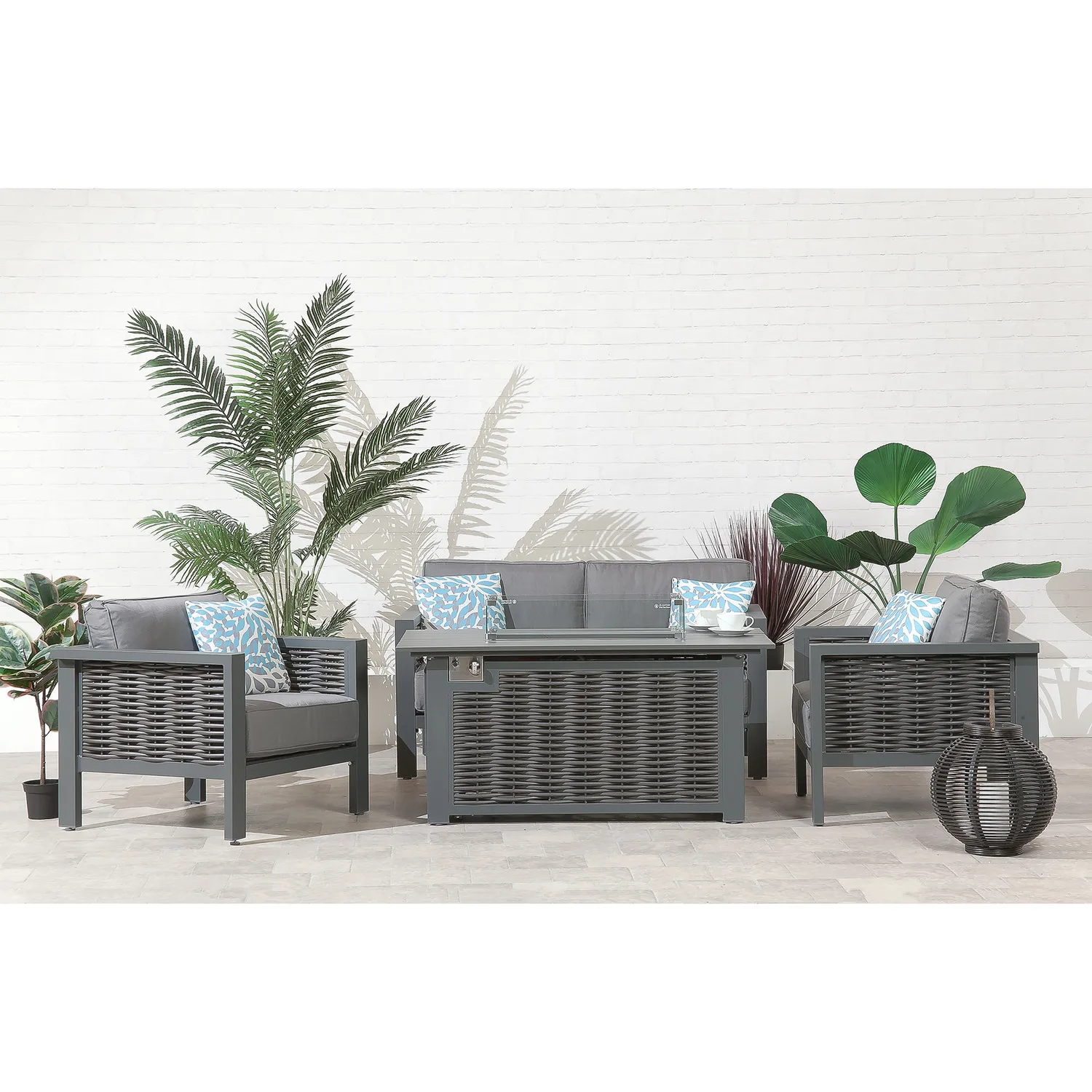 Aluminum Frame PE Rattan Sofa Set Luxury Garden Set Gas Fire Pit Table Outdoor Sofa with UKFR Cushions