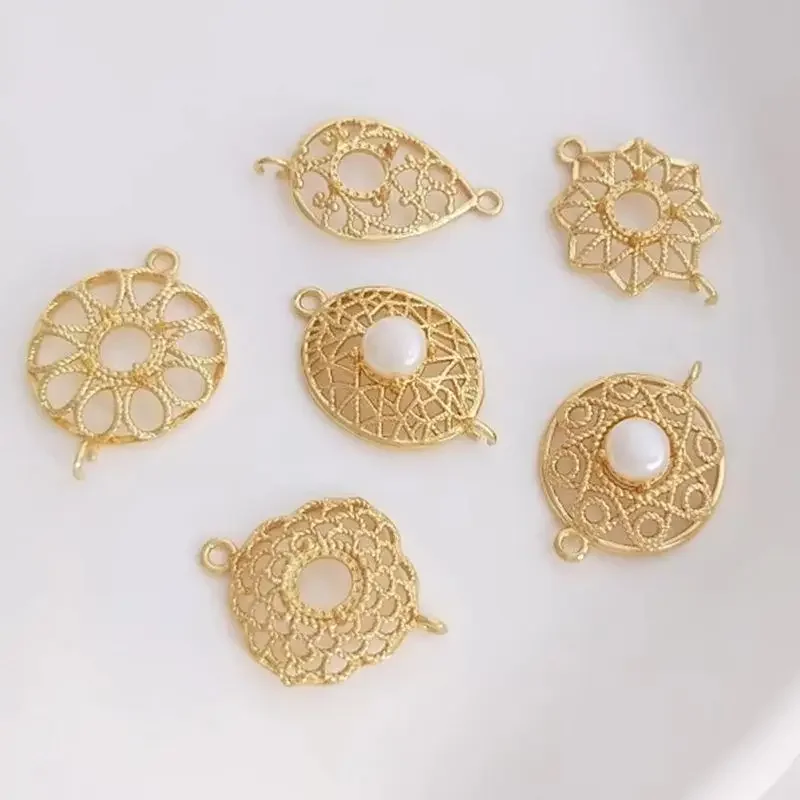 Accesorios para pendientes y pulsera DIY, círculo de encaje chapado en oro de 14 quilates, ocho estrellas, doble colgante