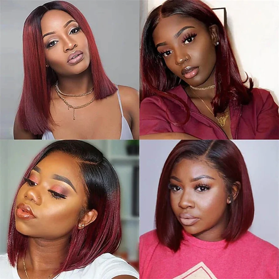 

150% 4x4x1 Short Bob Lace Front Wig 1B 99J Straight Burgundy Human Hair Wig Brazilian Remy Ombre Wine Red For Women