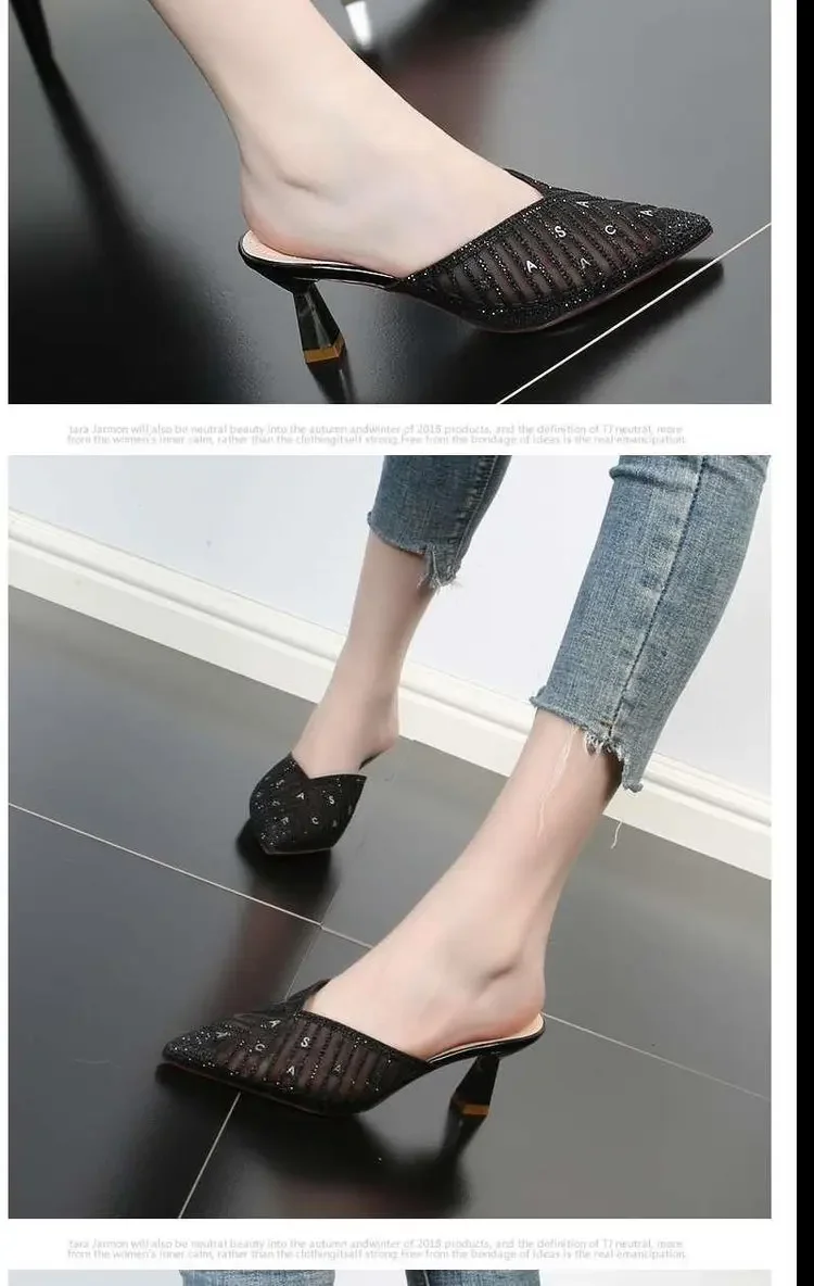 2024 Summer Elegant Women Fashion Slipper Pointed Toe Half Slippers Women\'s Stiletto Mid Heel Mesh Comfortable Sandals