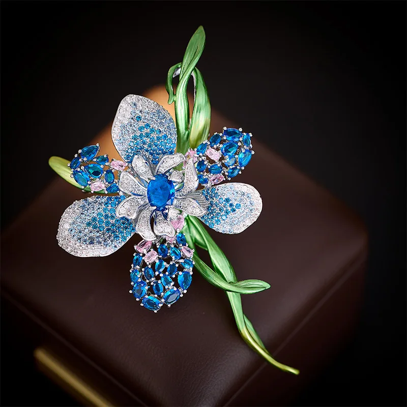 High-end enamel flower brooch, luxurious Phalaenopsis flower pin, suit jacket, cheongsam accessory for women