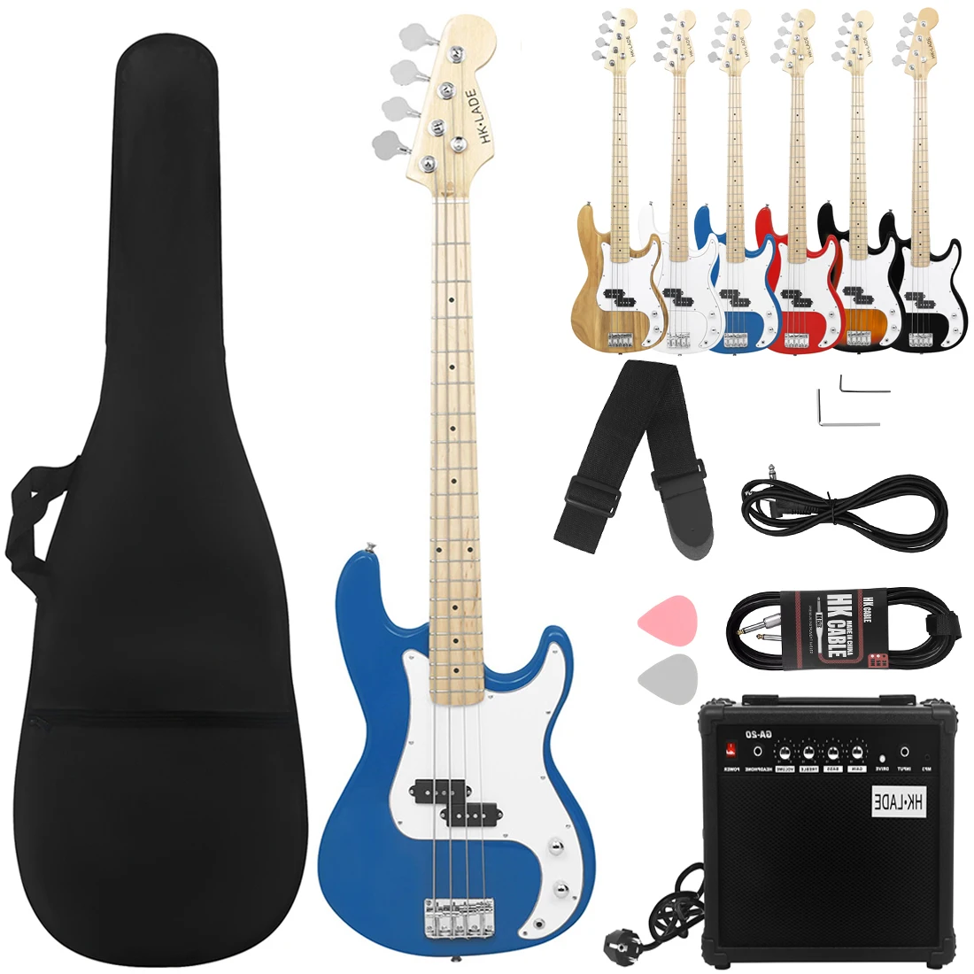 

Blue HK-LADE Electric Bass Guitar Set HK-02 Maple Fretboard 20 Frets Bass Guitar Set with Bag Strap Amplifier Picks Accessories