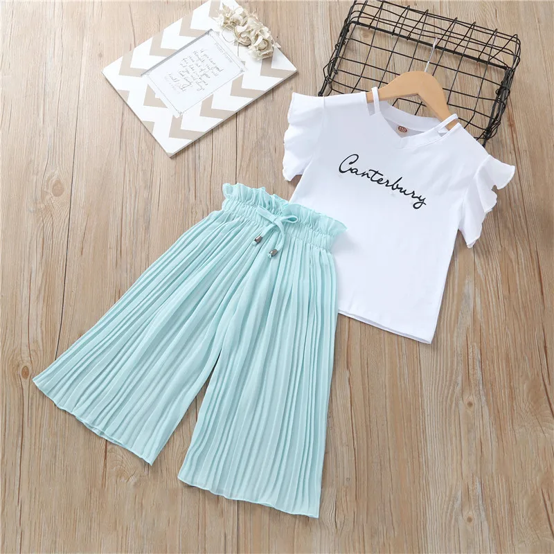 Summer 2021 Girls Clothing Sets Kids T-shirt +Wide Leg Pants Suits Children Short Sleeve Baby Girl Clothes 5 6 7 8 9 10 12 Years