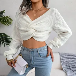 2024 Autumn And Winter Long Sleeved Knotted Exposed Navel Knitted Sweater Women's V-neck Long Sleeved Short Pullover Sweater