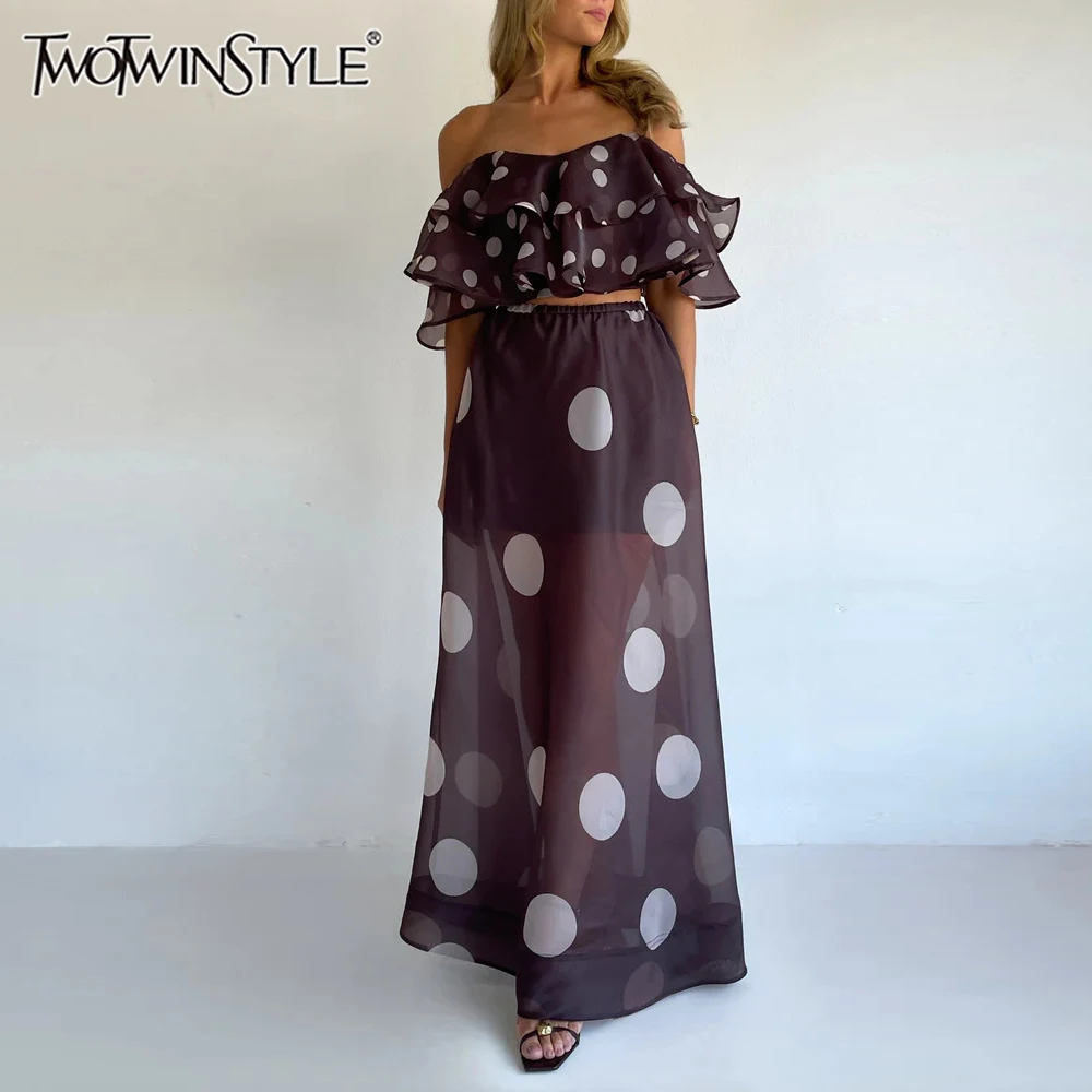 

TWOTWINSTYLE Solid Spliced Print Two Piece Set Female Slash Neck Short Sleeve Top Sexy Irregular Women's Skirt Sets Fashion New