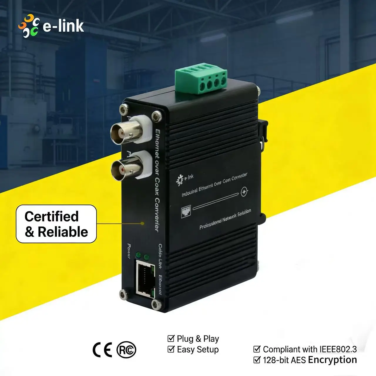 DIN-Rail Industrial 10/100Base-TX Ethernet over Coax Extender