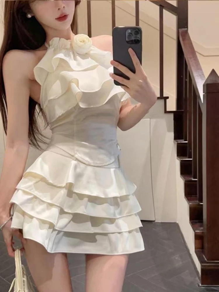 

2025 Korean New Sexy Lace Design Skirt Suit Women Fairy Sweet Camisole + Puff Cake Skirt Sets Spring Ins Casual Two-Piece Set