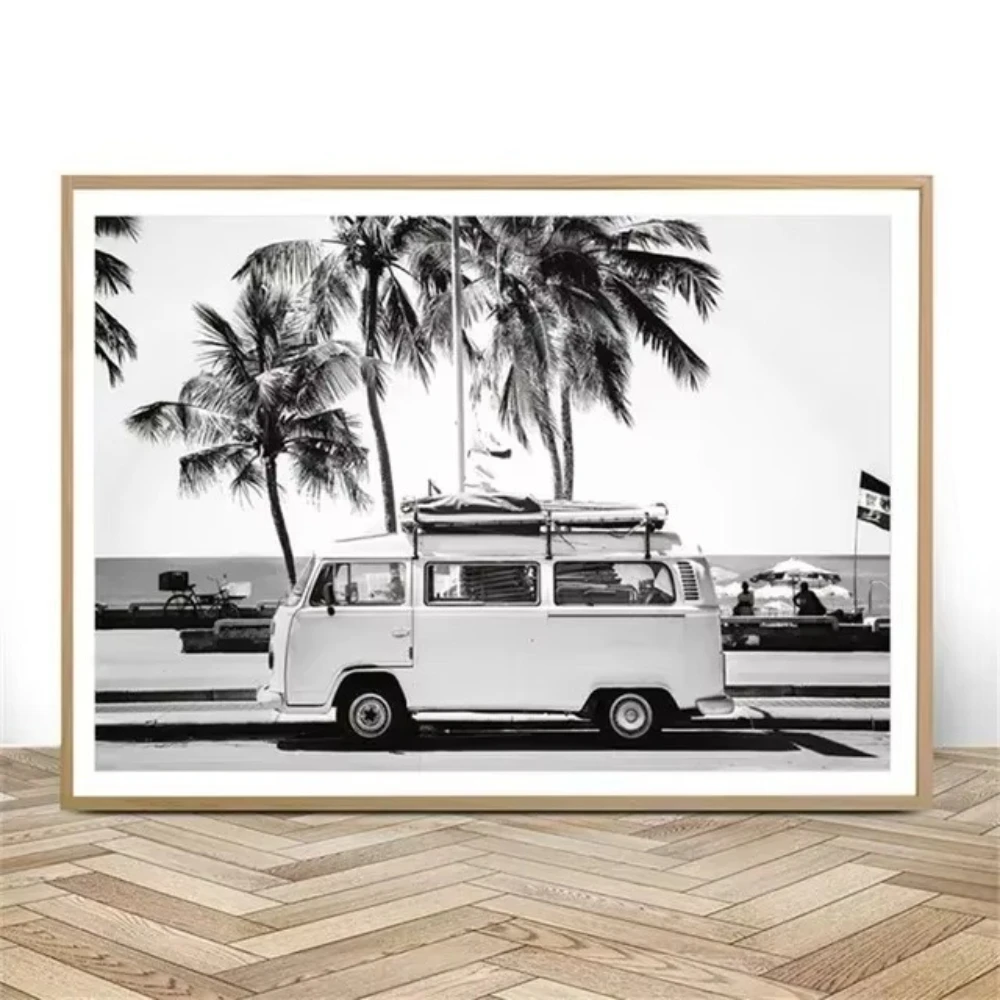 (1pc frameless)Beach Camper Van Surfing Ocean Landscape Wall Art Palm Tree Surfboard Canvas Painting Home Room Decor Poster Prin