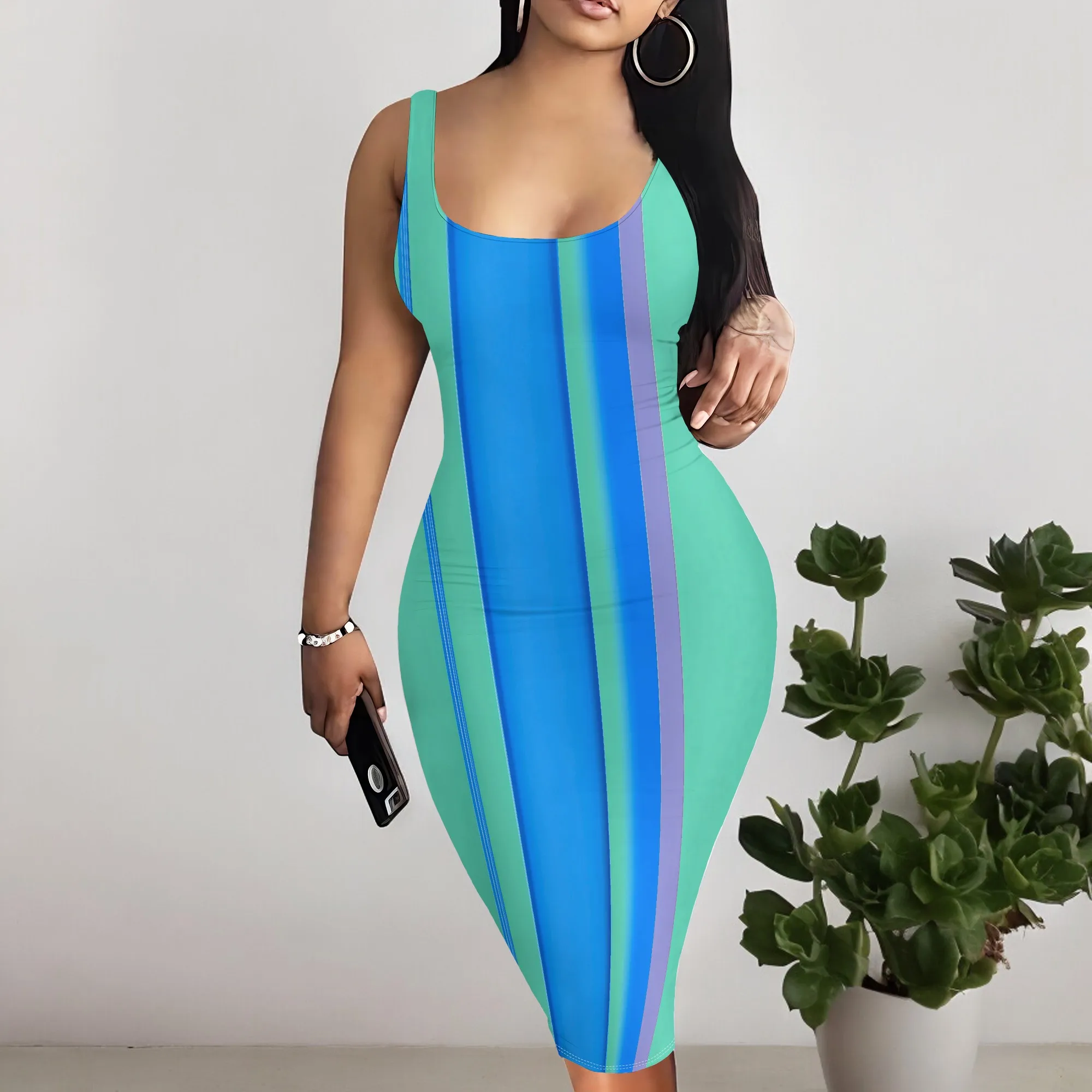 

Sexy Gradient Stripe Print Bodycon Midi Dress for Women Sleeveless U-Neck Tank Dress Summer Club Party & Vacation Outfits