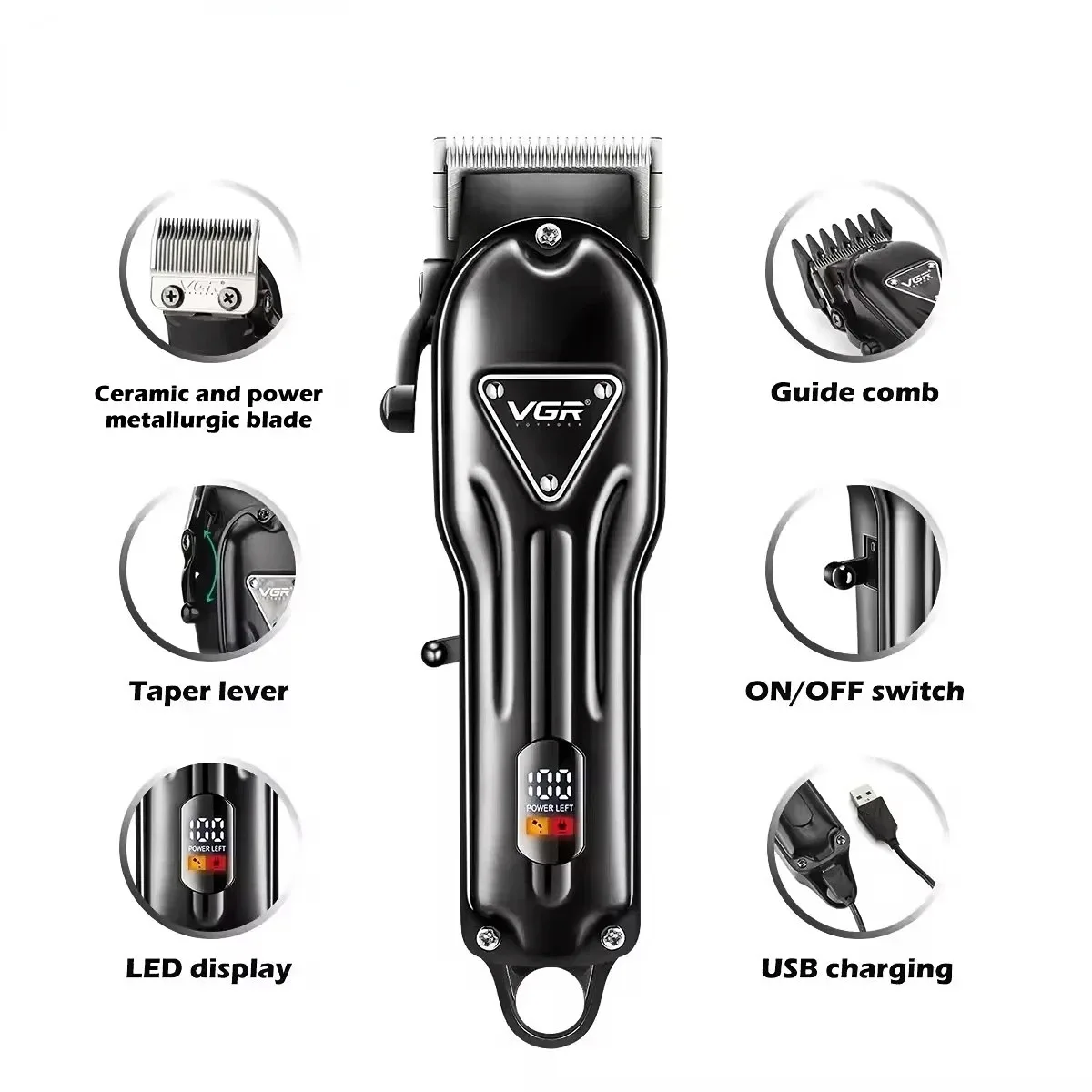 VGR Hair Clipper Professional Trimmer Rechargeable Haircut Machine Adjustable Clipper Barber LED Electric Hair Clipper Men V-051