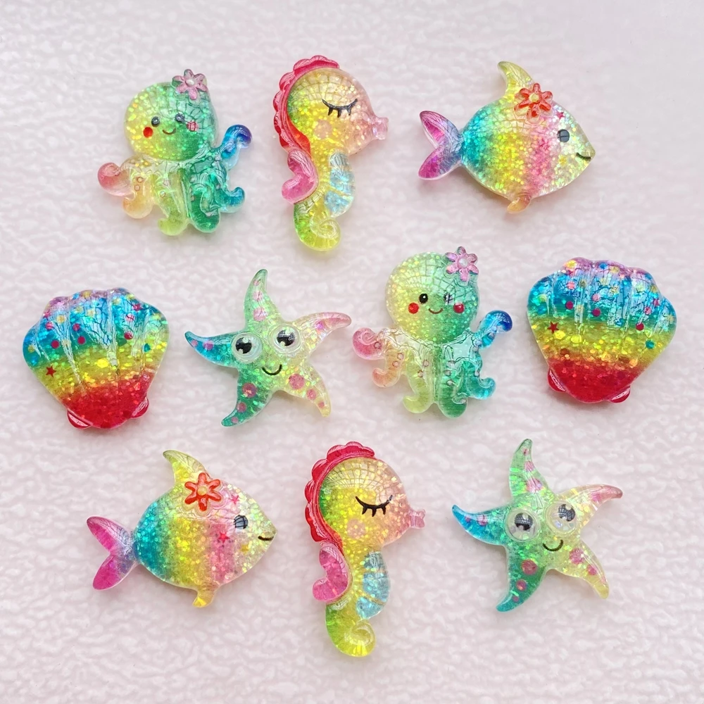 Serie de dibujos animados de resina, estrella de mar, pescado, conchas, caballitos de mar, pulpo, Parte posterior plana, álbum de recortes, joyería artesanal, decoración, 10 piezas