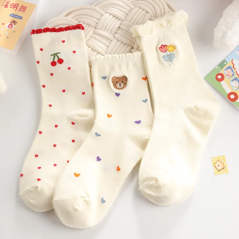 Cotton Socks Women's Middle Tube Socks For Girls Gift White Trendy Cute Kawaii Spring Summer Thin Cartoon Cherry Bear Print Sox