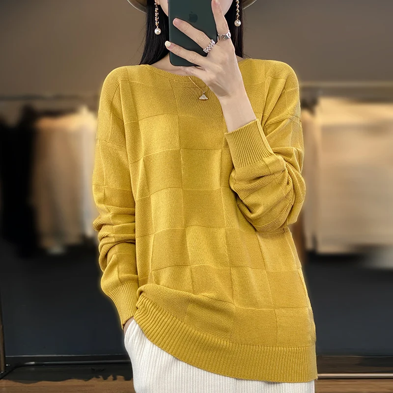 Autumn Winter New Women 100% Cotton Soft Sweater Round Collar Square Pattern Pullover Loose Fashion Knitwear Casual Base Top