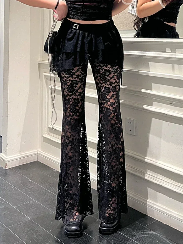 2025 New Vintage Dark Gothic Sexy Lace Pants Women Streetwear Harajuku Aesthetic Y2k See Through Irregular Hem Flare Pants Femme