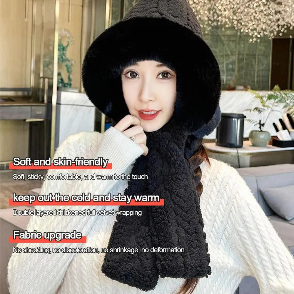 Gorro integrado de invierno de felpa a la moda, bufanda a prueba de viento, gorro cálido, bufanda, calentador de cuello grueso suave para mujer