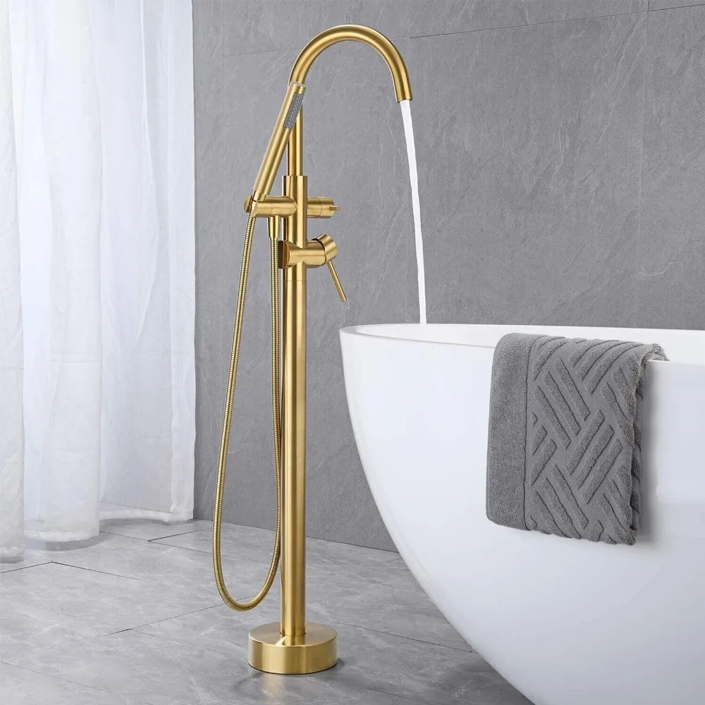 

Tub Filler Freestanding Bathtub Faucet Brushed Gold Floor Mounted Brass