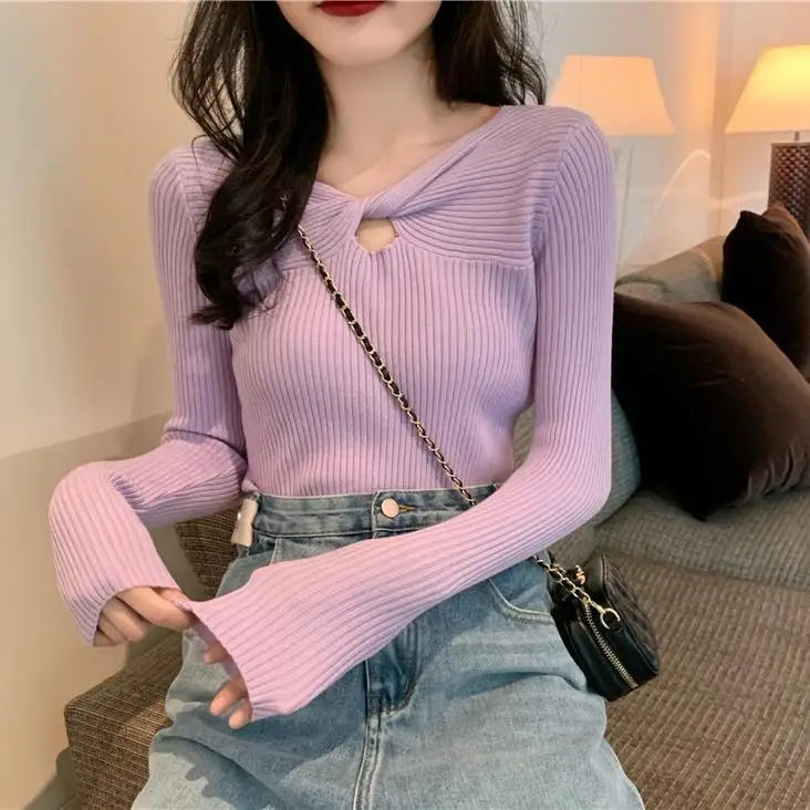 Knitted Base Sweater Women's Cross Low Neck Western-style Slim Fit Versatile Hollowed Out Long Sleeved Inner Top