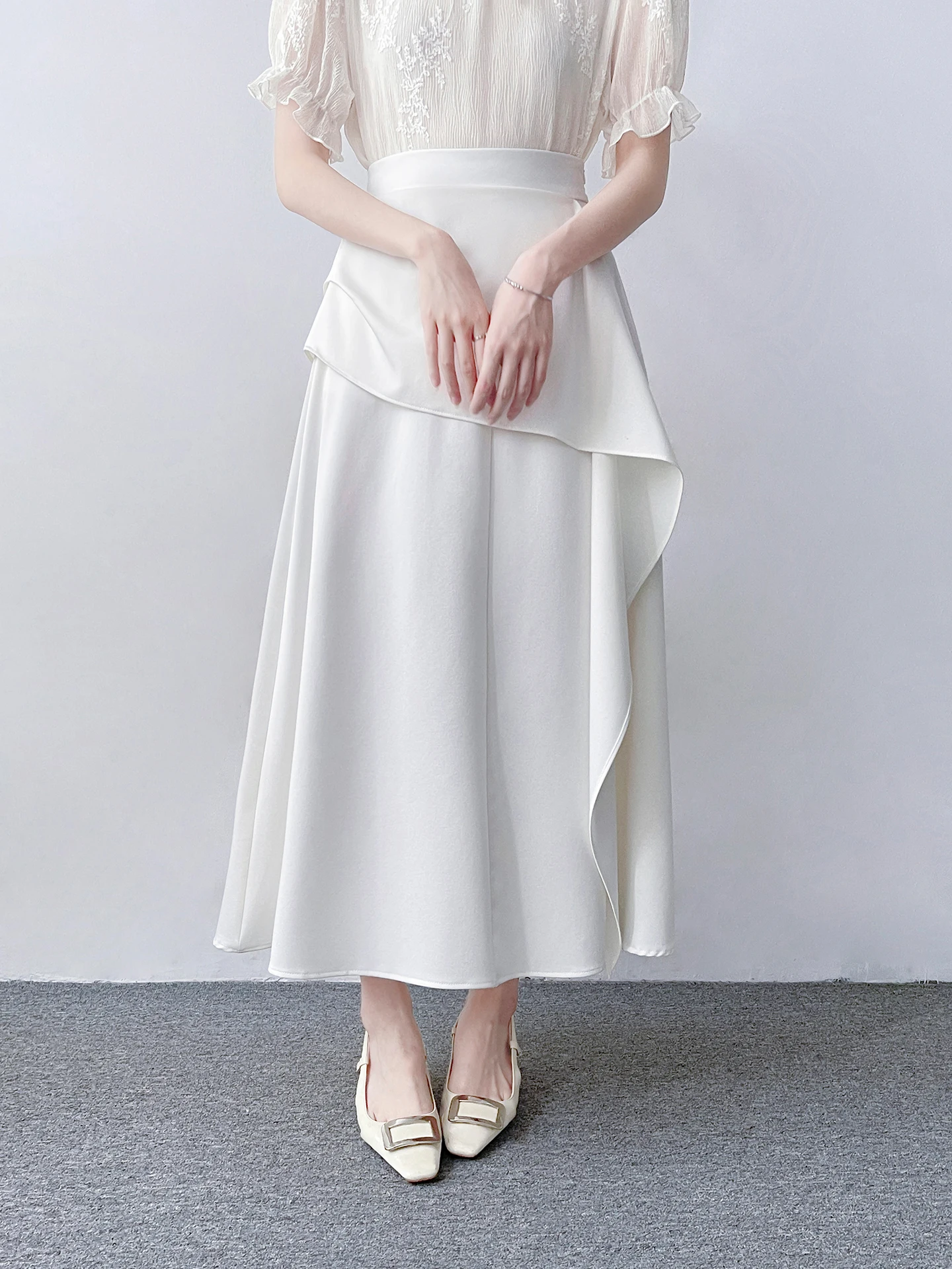 Elegant White High Waist A-Line Midi Skirt Women's Design Sensation Half-length Skirts Korean Style Breathable Skin-friendly