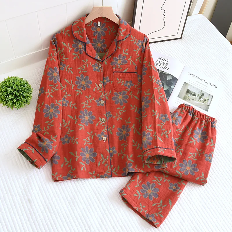 Floral Print Long Sleeve Trousers Sleepwear Cotton Pajamas For Sleeping Women Set Loungewear Female Underwear Home Wear