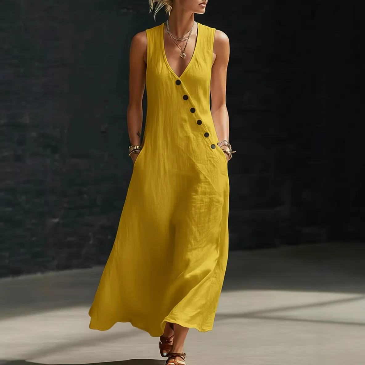 2026 Sommer Damen Baumwoll-Leinen A-Linien-Maxikleid mit V-Ausschnitt, ärmellos, asymmetrisch, Knopfleiste, Westenkleid, locker geschnitten, lässig, für den Urlaub am Strand – Detail 9